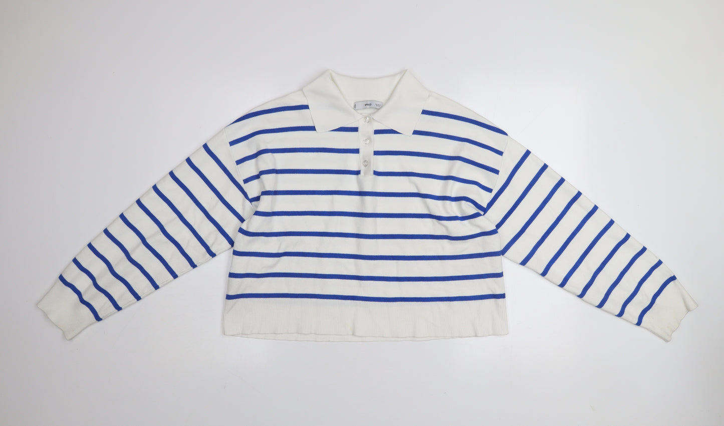 MNG Women's White Blue Striped Collared Henley Jumper Size M