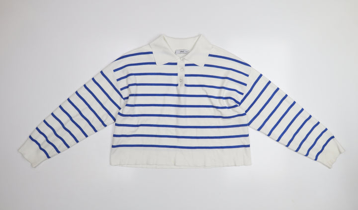MNG Women's White Blue Striped Collared Henley Jumper Size M