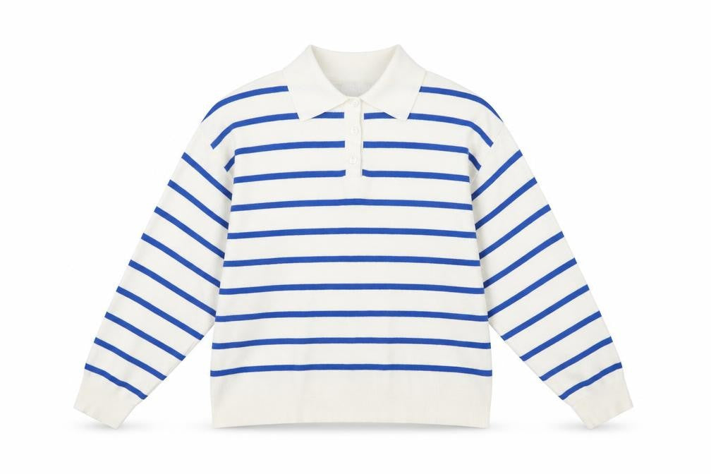 Front view of Mango Women's White Blue Striped Collared Henley Jumper, size M