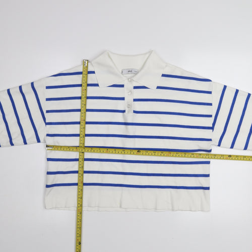 MNG Women's White Blue Striped Collared Henley Jumper Size M