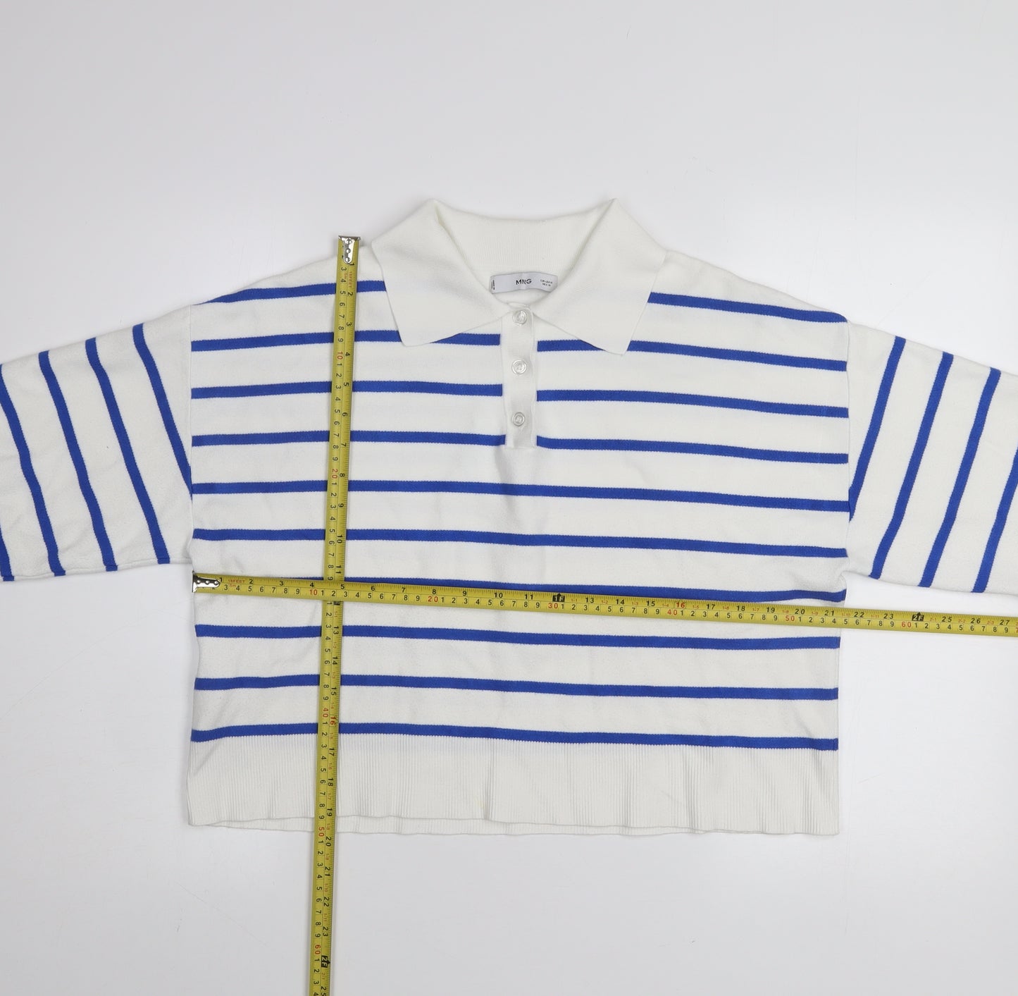 MNG Women's White Blue Striped Collared Henley Jumper Size M