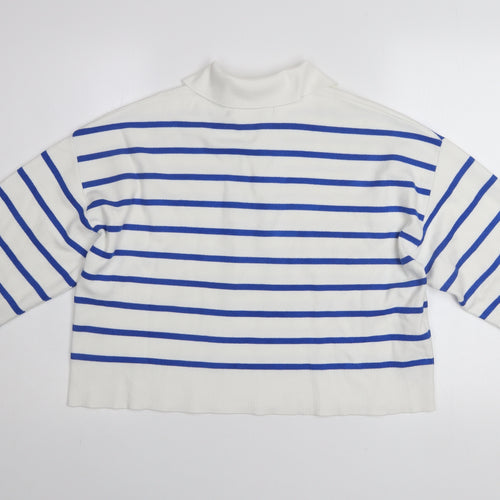 MNG Women's White Blue Striped Collared Henley Jumper Size M