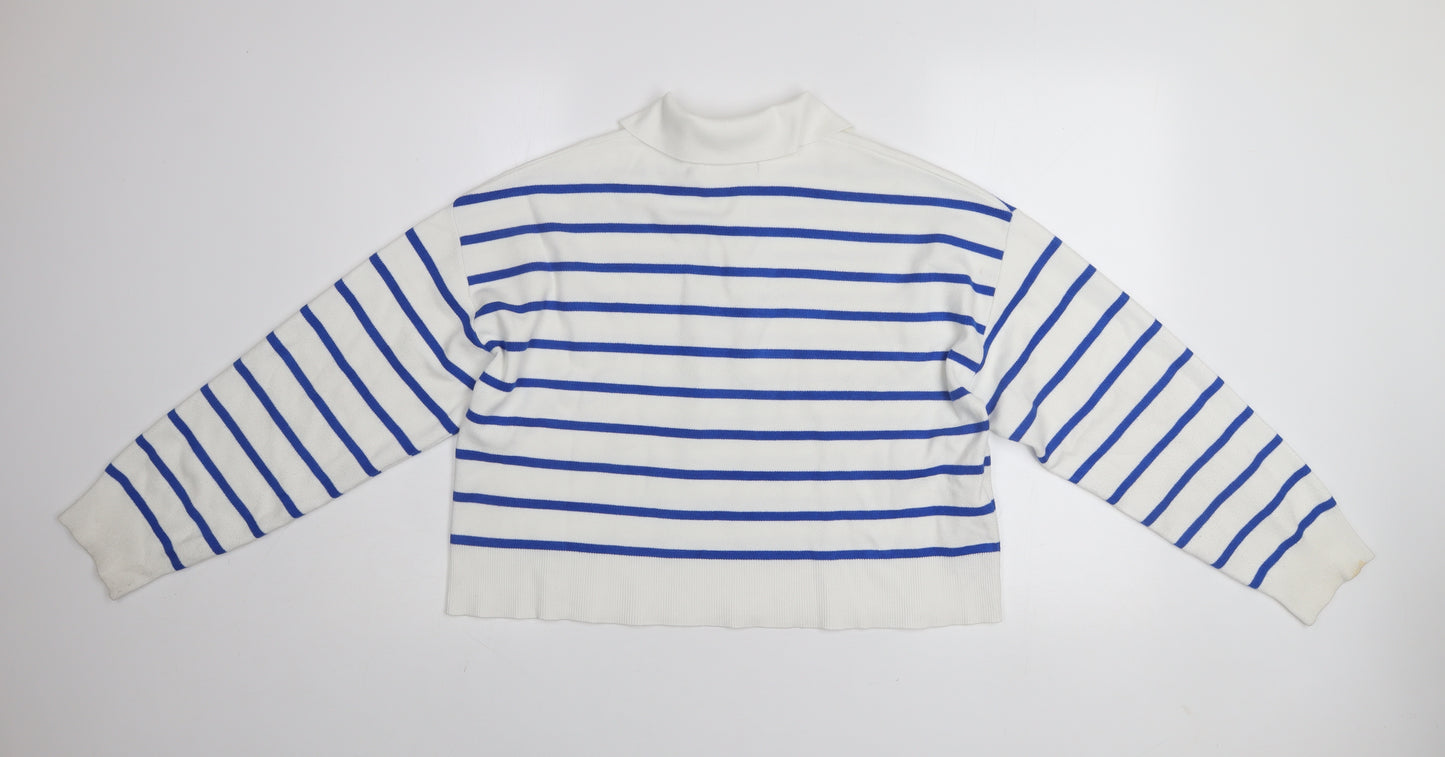 MNG Women's White Blue Striped Collared Henley Jumper Size M