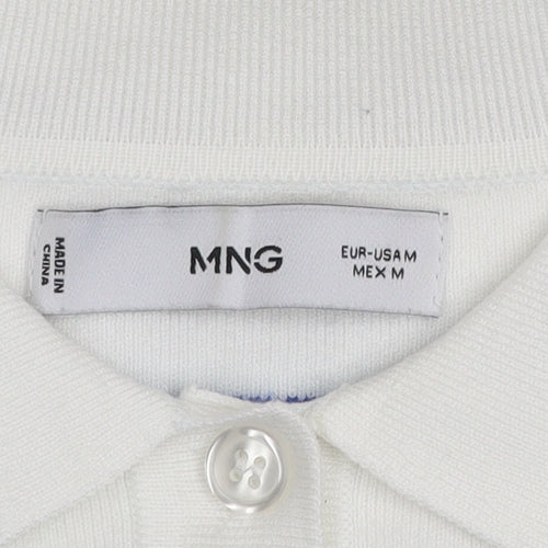 MNG Women's White Blue Striped Collared Henley Jumper Size M