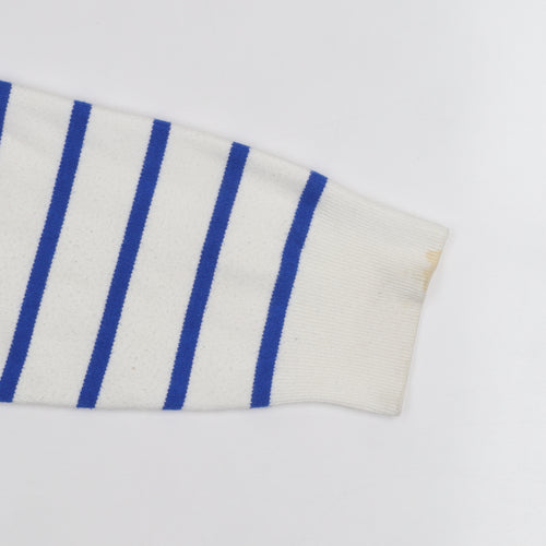 MNG Women's White Blue Striped Collared Henley Jumper Size M