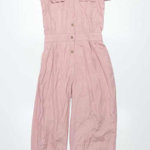 Peppermint Girls Pink Button Up Collared Jumpsuit 8-9 Years Cotton Blend