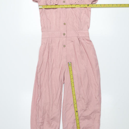 Peppermint Girls Pink Button Up Collared Jumpsuit 8-9 Years Cotton Blend