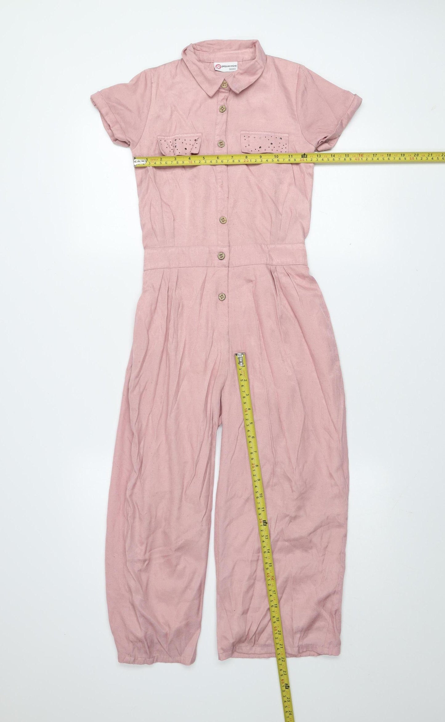 Peppermint Girls Pink Button Up Collared Jumpsuit 8-9 Years Cotton Blend