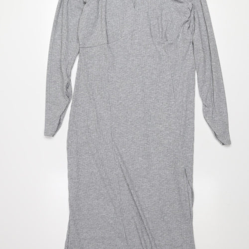 New Look Women’s Grey Midi Bodycon Jersey Dress Size 14 Long Sleeve