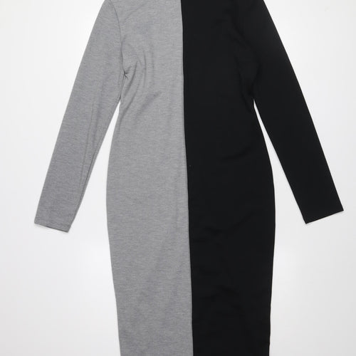 Zara Women Black Grey Colourblock Bodycon Midi Dress L