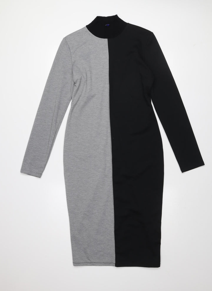 Zara Women Black Grey Colourblock Bodycon Midi Dress L