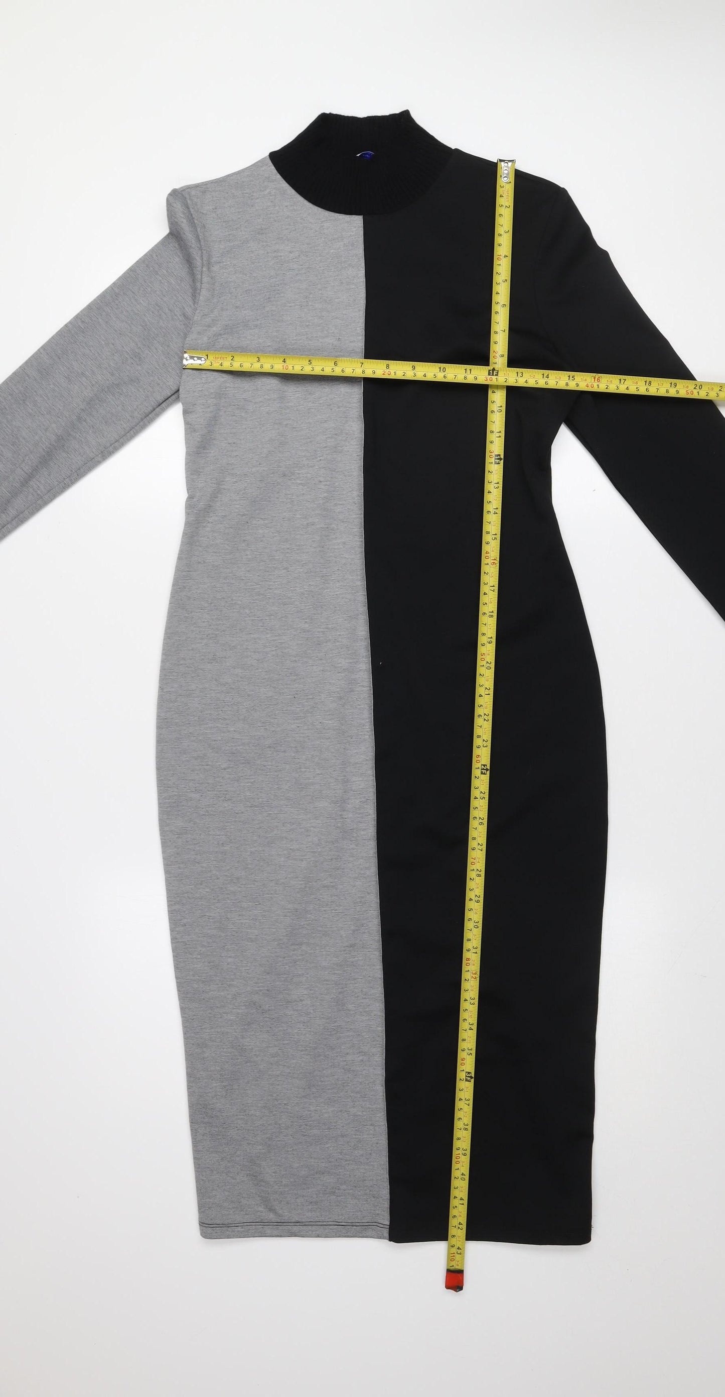 Zara Women Black Grey Colourblock Bodycon Midi Dress L