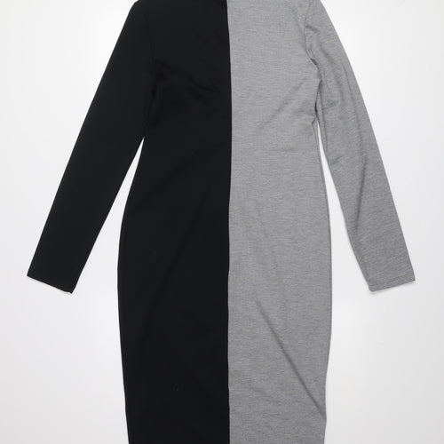 Zara Women Black Grey Colourblock Bodycon Midi Dress L