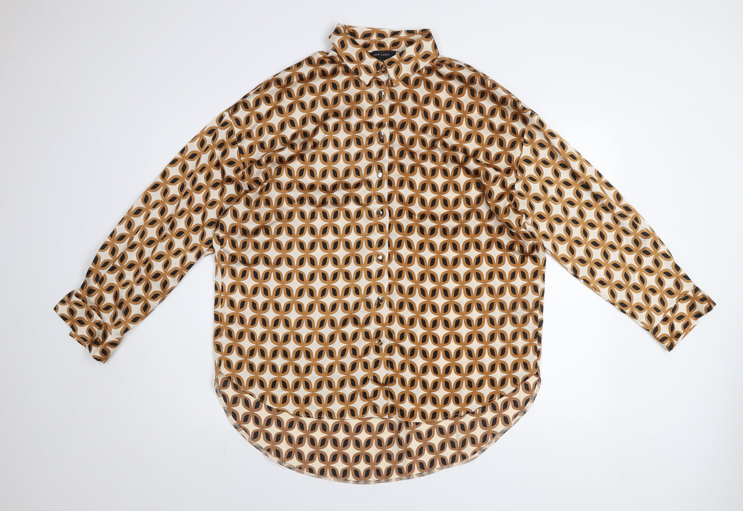 New Look Women's Beige Geometric Button-Up Blouse Size 12