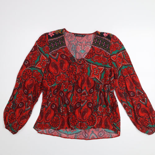 Dunnes Women Red Paisley Bohemian Long Sleeve V-Neck Blouse M