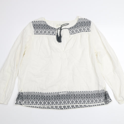 H&M L.O.G.G. Women White Embroidered Tunic Blouse Size 12