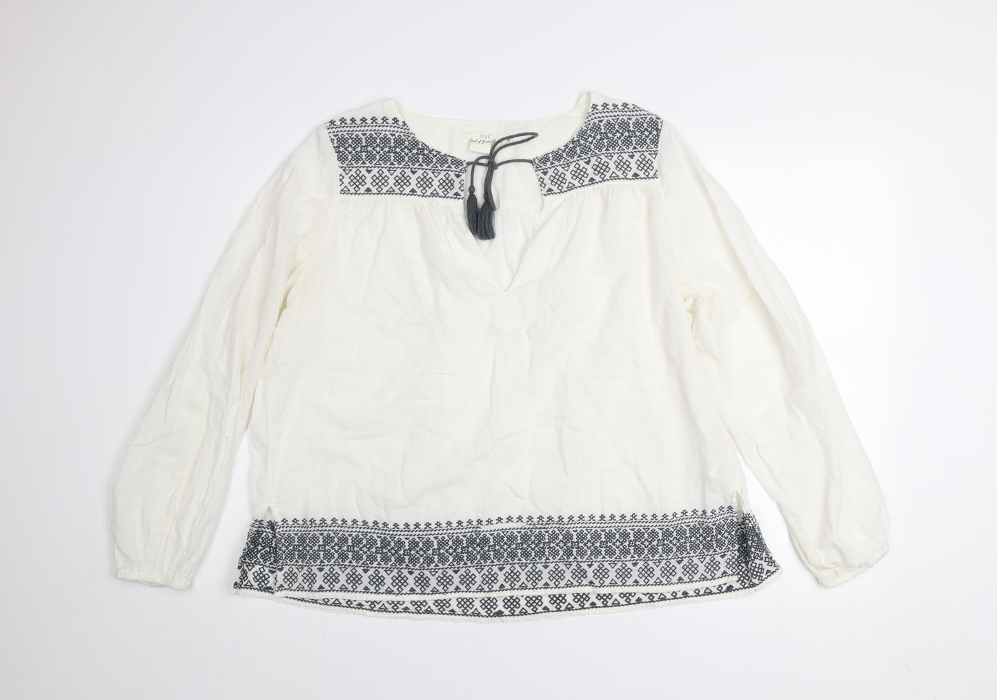 H&M L.O.G.G. Women White Embroidered Tunic Blouse Size 12