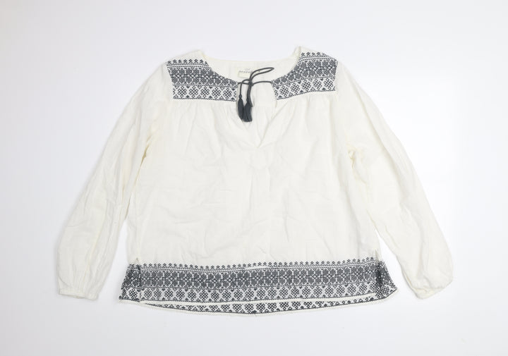 H&M L.O.G.G. Women White Embroidered Tunic Blouse Size 12