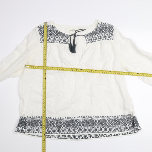 H&M L.O.G.G. Women White Embroidered Tunic Blouse Size 12