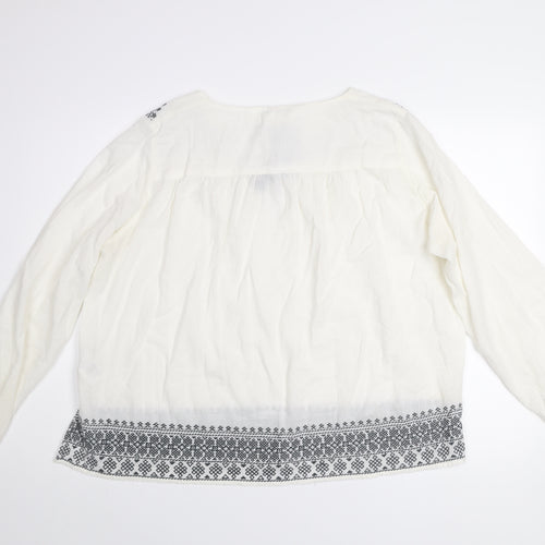 H&M L.O.G.G. Women White Embroidered Tunic Blouse Size 12