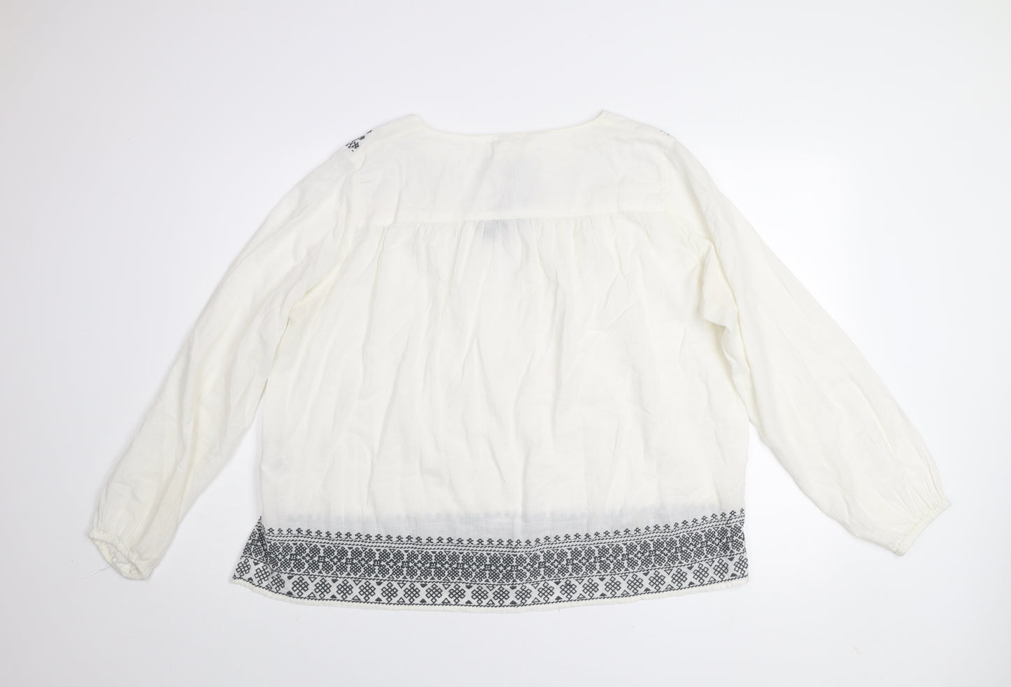H&M L.O.G.G. Women White Embroidered Tunic Blouse Size 12