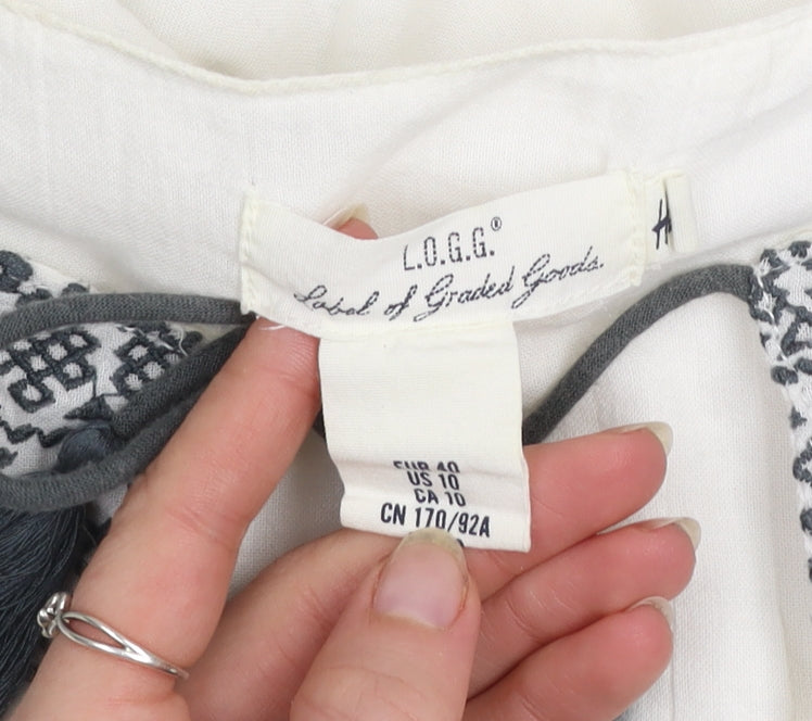 H&M L.O.G.G. Women White Embroidered Tunic Blouse Size 12