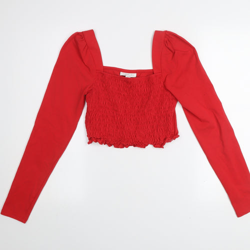 Topshop Women Red Cropped Long Sleeve Square Neck Jersey Blouse Size 12