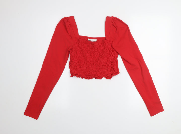 Topshop Women Red Cropped Long Sleeve Square Neck Jersey Blouse Size 12
