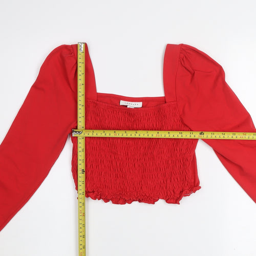 Topshop Women Red Cropped Long Sleeve Square Neck Jersey Blouse Size 12