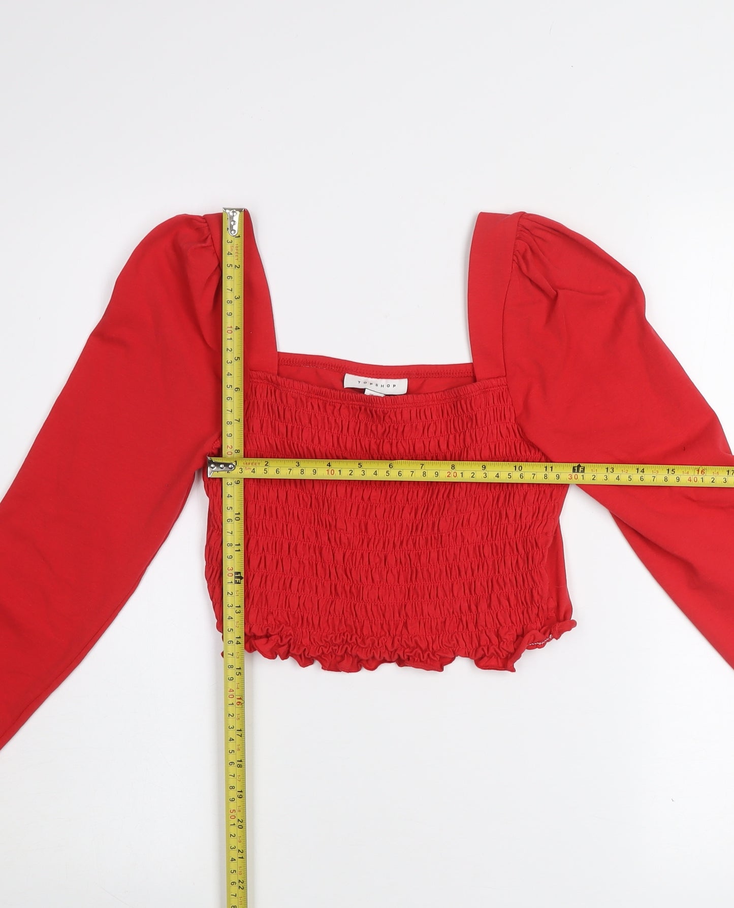 Topshop Women Red Cropped Long Sleeve Square Neck Jersey Blouse Size 12
