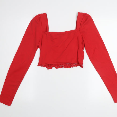 Topshop Women Red Cropped Long Sleeve Square Neck Jersey Blouse Size 12