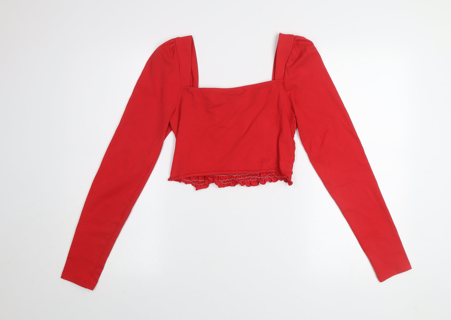 Topshop Women Red Cropped Long Sleeve Square Neck Jersey Blouse Size 12
