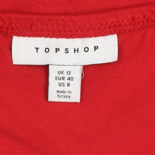 Topshop Women Red Cropped Long Sleeve Square Neck Jersey Blouse Size 12