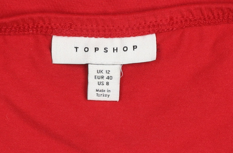 Topshop Women Red Cropped Long Sleeve Square Neck Jersey Blouse Size 12