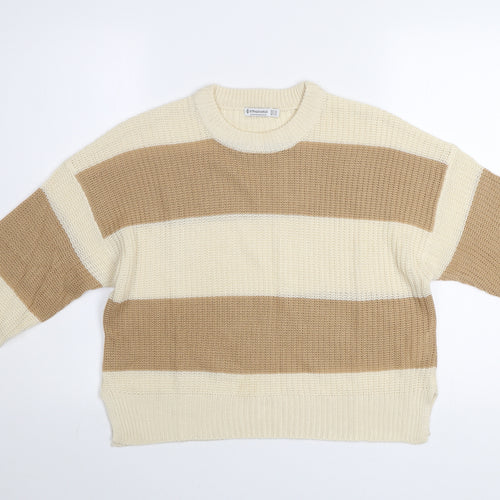 Stradivarius Women’s Beige Striped Chunky Knit Jumper XS