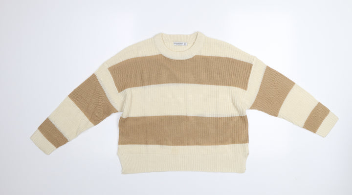 Stradivarius Women’s Beige Striped Chunky Knit Jumper XS