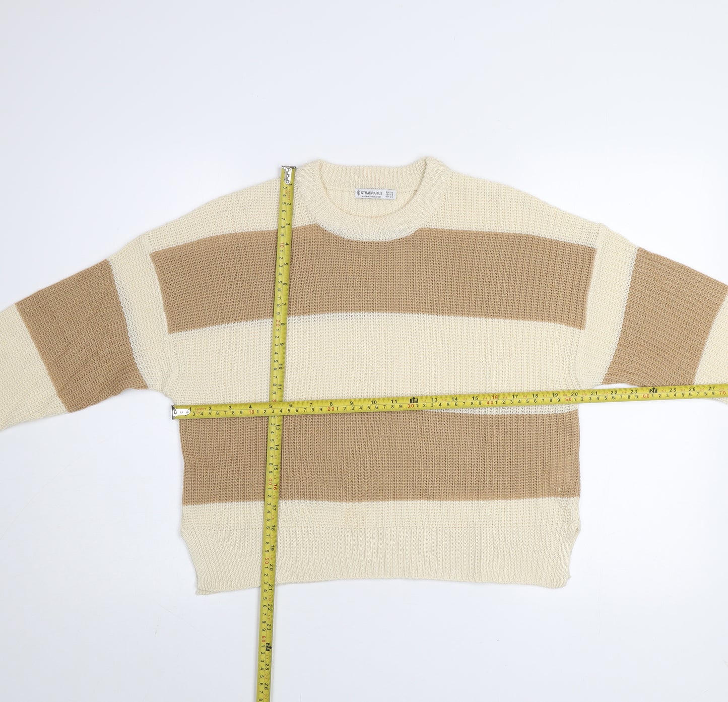 Stradivarius Women’s Beige Striped Chunky Knit Jumper XS