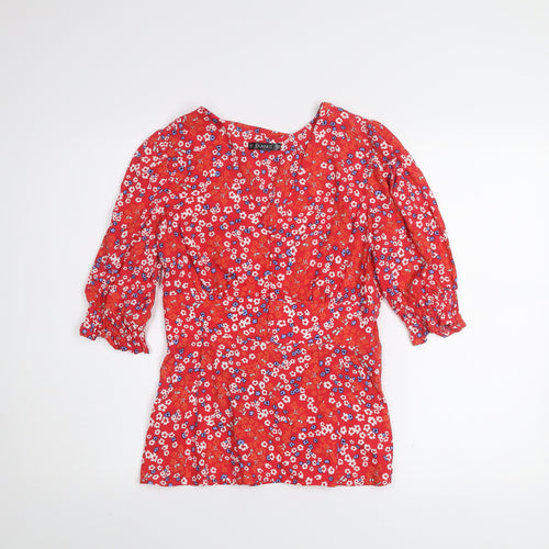 Dunnes Womens Red Floral V-Neck 3/4 Sleeve Tunic Blouse XS