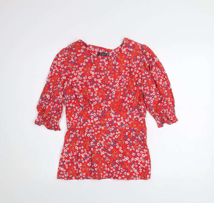 Dunnes Womens Red Floral V-Neck 3/4 Sleeve Tunic Blouse XS