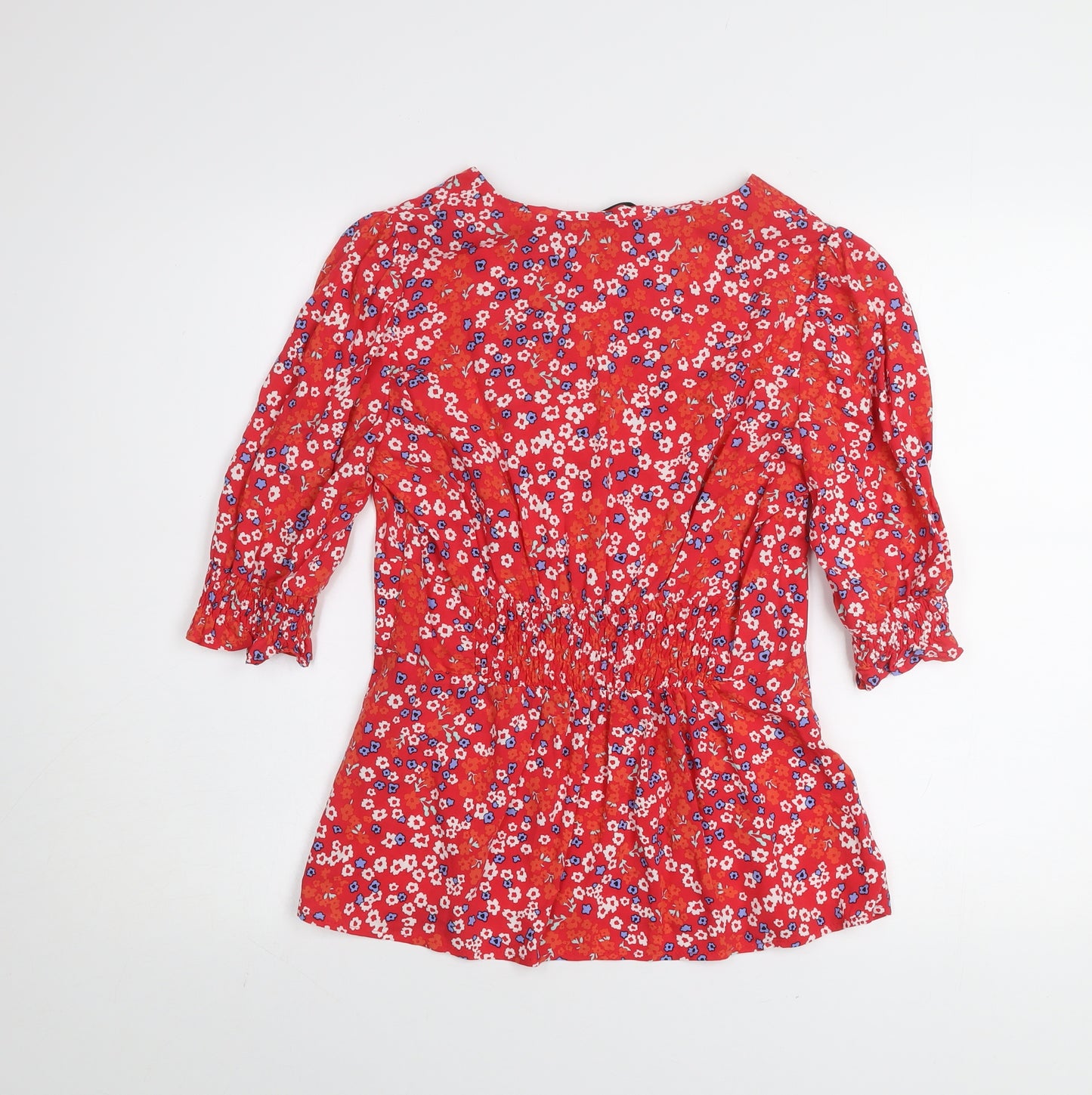 Dunnes Womens Red Floral V-Neck 3/4 Sleeve Tunic Blouse XS