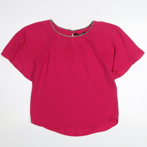 Dunnes Women’s Pink Beaded Neck Blouse Size 8 Flutter Sleeve