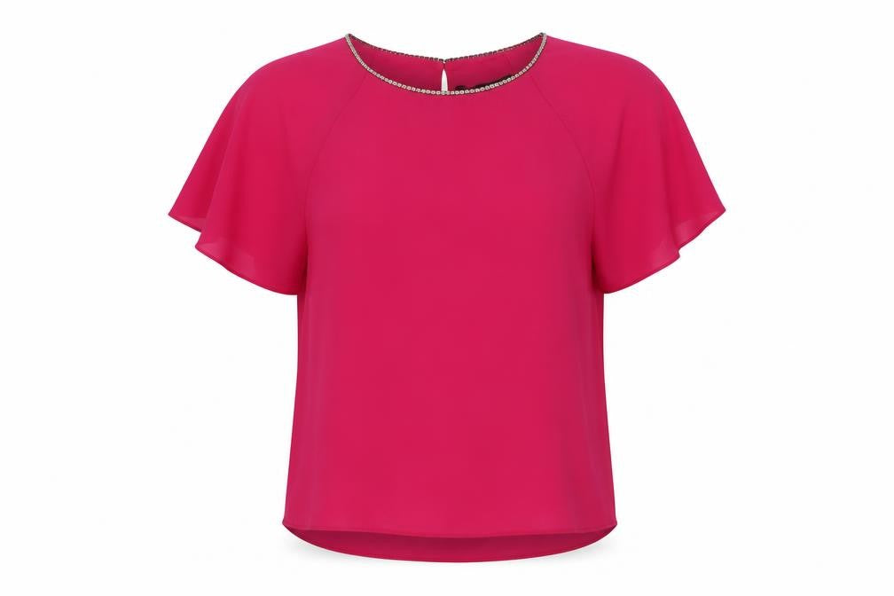 Front view of Dunnes Women’s Pink Beaded Neck Blouse, size UK 8, Flutter Sleeve