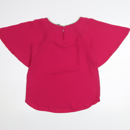 Dunnes Women’s Pink Beaded Neck Blouse Size 8 Flutter Sleeve