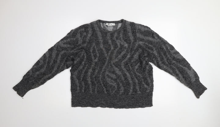 Gallery Women's Grey Beaded Animal Knit Jumper Size M