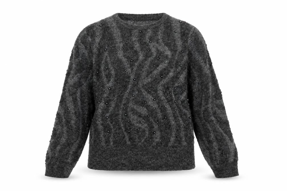 Front view of Gallery Women's Grey Beaded Animal Knit Jumper, size M