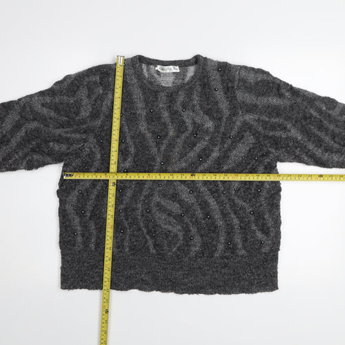 Gallery Women's Grey Beaded Animal Knit Jumper Size M