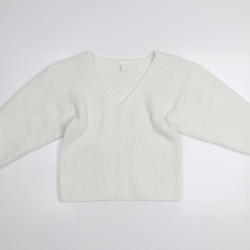 H&M Women’s White V-Neck Knit Pullover Jumper Size M