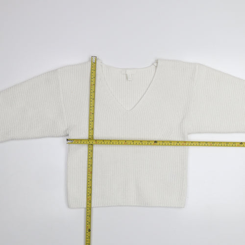 H&M Women’s White V-Neck Knit Pullover Jumper Size M