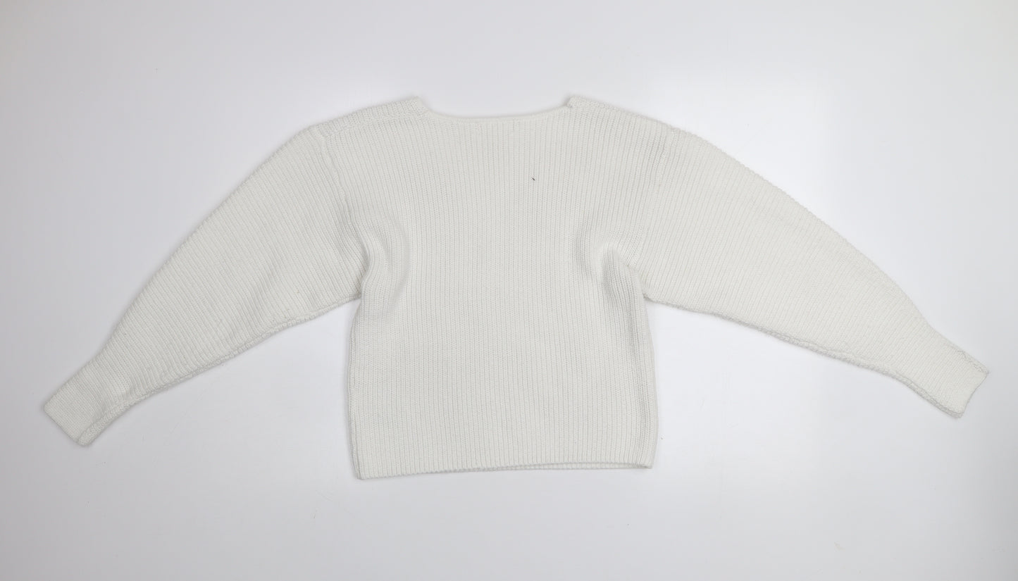 H&M Women’s White V-Neck Knit Pullover Jumper Size M