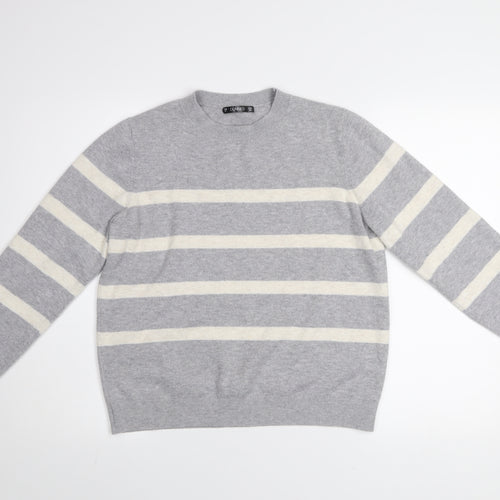 Dunnes Women Grey Striped Knit Crew Neck Pullover Jumper M